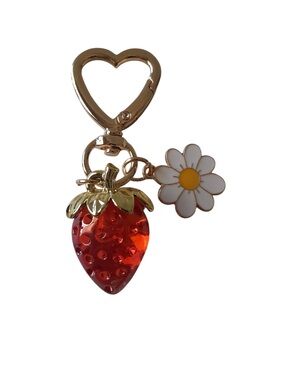 Red Strawberry & White Enamel Daisy Bag Charm Gold Heart Clasp Keychain